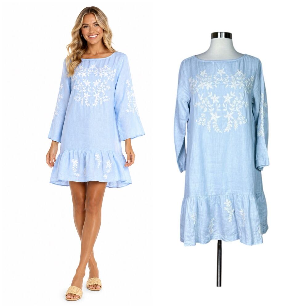 Roller Rabbit | Ebonie Linen Blue White Floral Embroidered Ruffle Hem Dress S